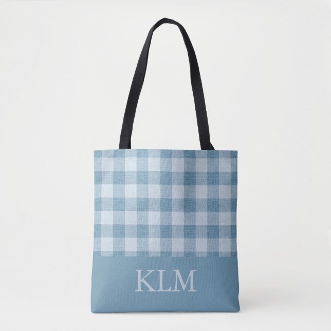 Tote Bag Gingham Bleu Poudre Monogramme Nom Personnalisé (Devant)