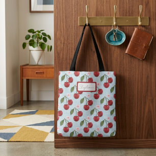 Tote Bag Gingham Bleu Rustique Et Cerises Monogramme