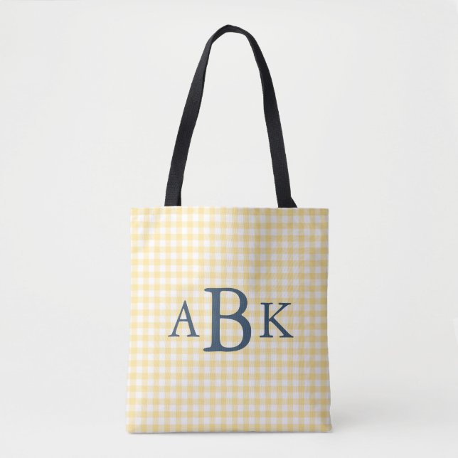 Tote Bag Gingham Jaune Beurre Monogrammé (Devant)
