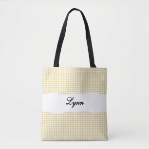 Tote Bag Gingham Jaune & Blanc Classique Nom Personnalisé
