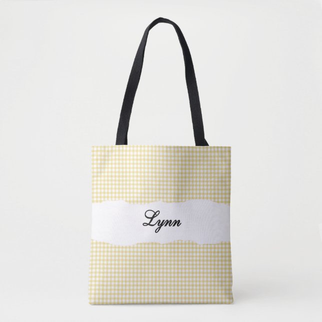 Tote Bag Gingham Jaune & Blanc Classique | Nom Personnalisé (Devant)