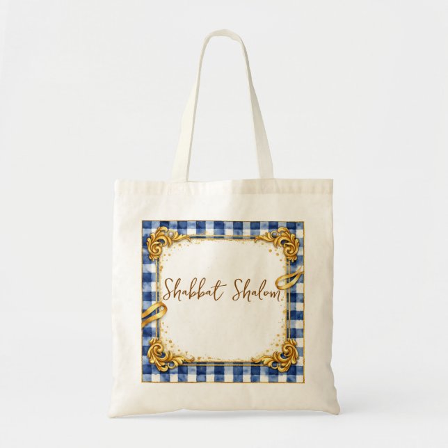 Tote Bag Gingham Luxe Moderne Tendance Chic Bleu Blanc Or (Devant)