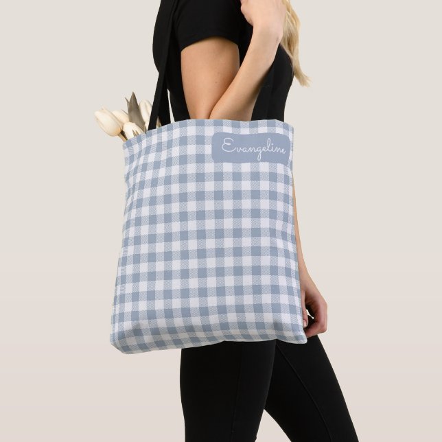 Tote Bag Gingham Motif Vichy Préparatoire Bleu Blanc Nom (De près)