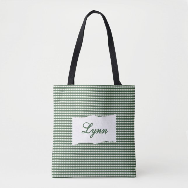 Tote Bag Gingham Vert et Blanc Classique | Nom Personnalisé (Devant)