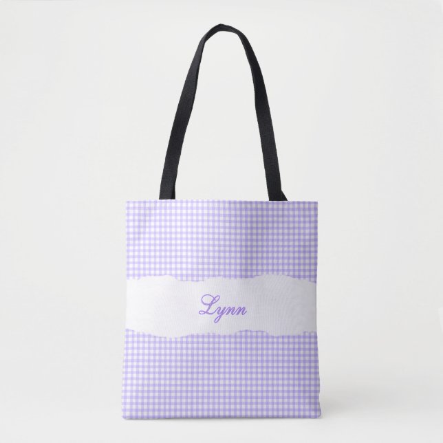 Tote Bag Gingham Violet & Blanc Personnalisé | Nom (Devant)