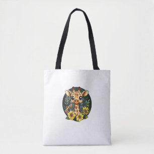 Tote Bag Giraffe Adorable Entourée De Fleurs Colorées