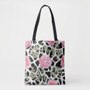 Tote Bag Giraffe Imprimé noir et blanc avec des roses roses