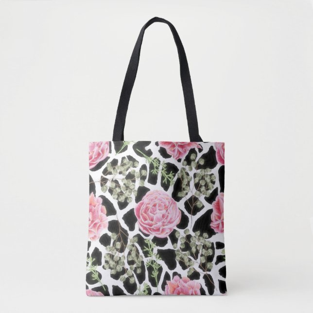 Tote Bag Giraffe Imprimé noir et blanc avec des roses roses (Devant)