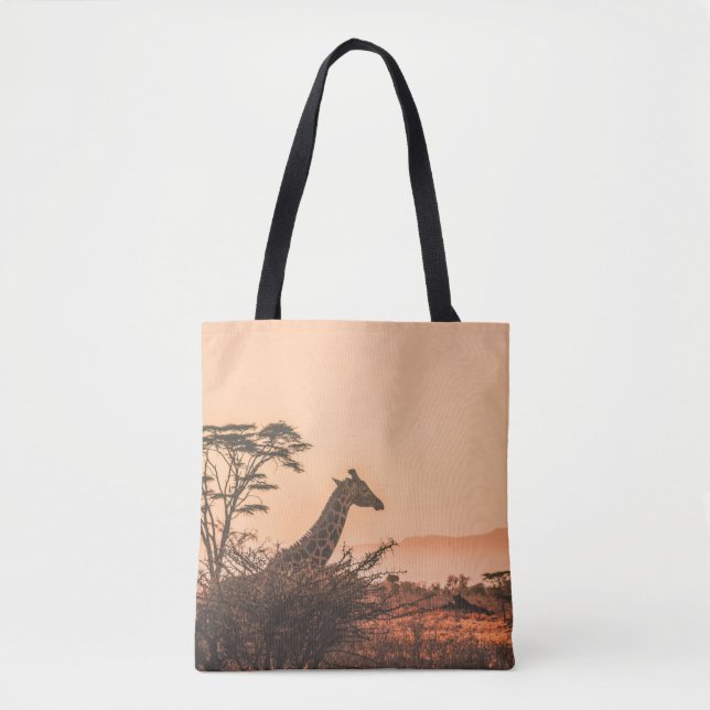 TOTE BAG GIRAFFE NOIR ET BLANC SUR LE CHAMP GRASS BROWN (Devant)