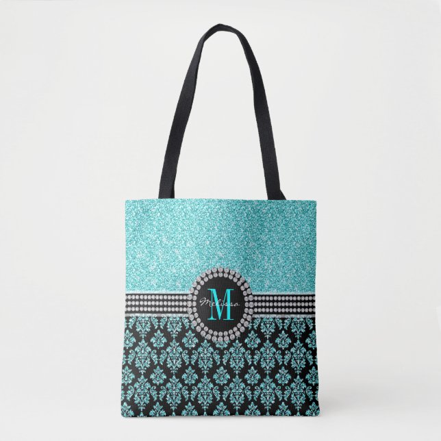 Tote Bag Girl Aqua Blue Parties scintillant Monogramme Nom  (Devant)