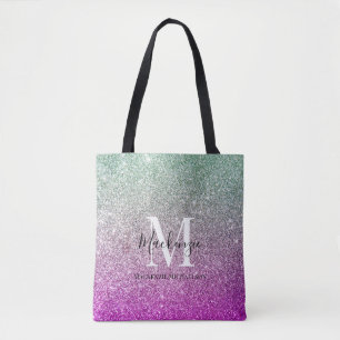 Tote Bag Girl Aqua Blue Pink Ombre Parties scintillant Nom 