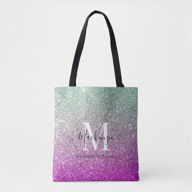 Tote Bag Girl Aqua Blue Pink Ombre Parties scintillant Nom  (Devant)