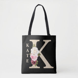 Tote Bag Girl Faux Gold parties scintillant Floral Letter K