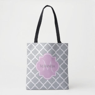 Tote Bag Girl Grey Quatrefoil Lavender Monogramme et nom