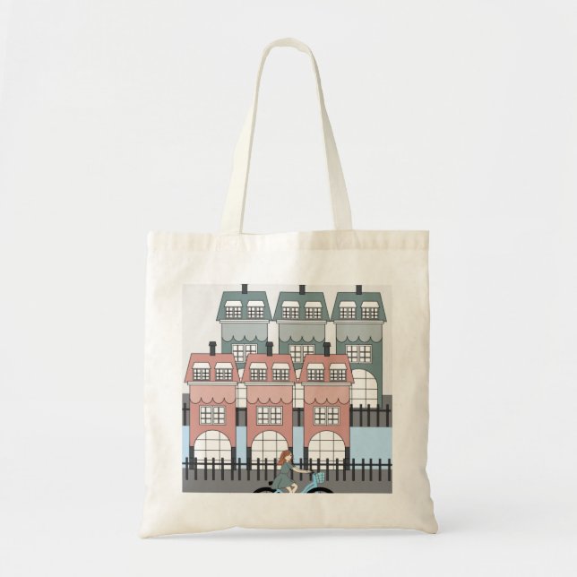 Tote Bag Girl Riding Bike Past Amsterdam Tall Houses Art (Devant)