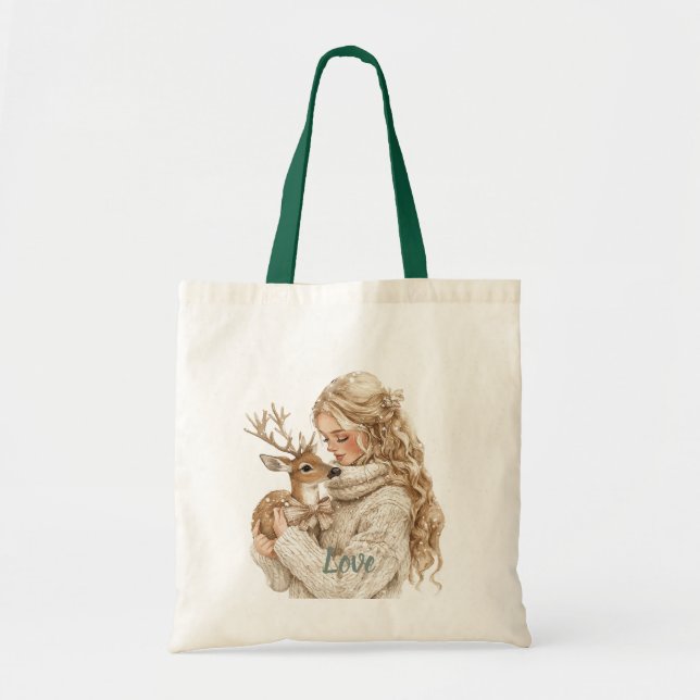 Tote Bag Girl with Deer Christmas (Devant)