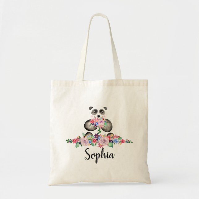 Tote Bag Girls Beautiful Flowers Watercolor Panda et nom (Devant)