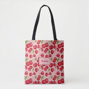 Tote Bag Girly Cherries motif rose avec nom personnalisé