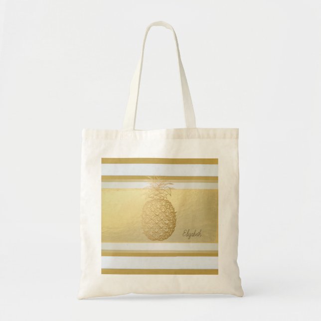 Tote Bag Girly Modern Gold Stripes, Or Ananas (Devant)