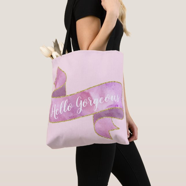 Tote Bag Girty Pretty Blush Rose Hello Gorgeous Gold Ribbon (De près)