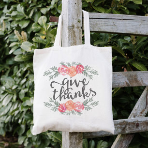 Tote Bag Give Thanks   Thanksgiving Watercolor Floral