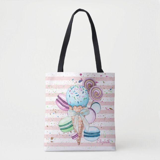 Tote Bag Glace à l'aquarelle,Macarons,Rayes roses (Devant)
