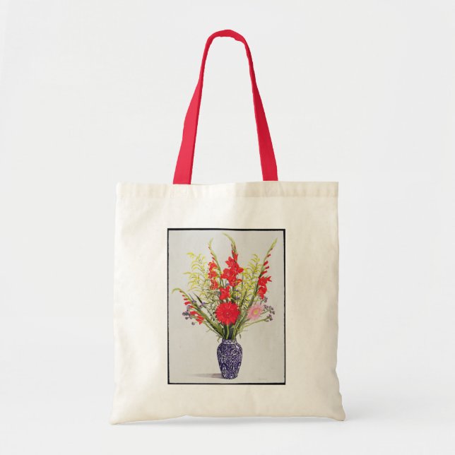 Tote Bag Gladioli de lis tigrés et Scabious dans un bleu (Devant)