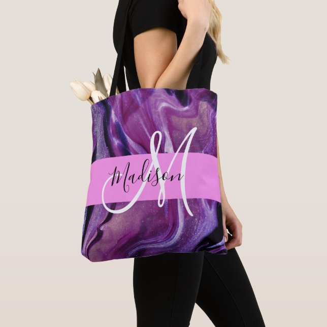 Tote Bag Glam Abstrait Purple Shimmer Texture rose Monogram (De près)