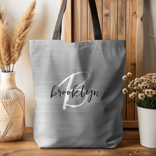 Tote Bag Glam Argent Métal Brossé Monogramme Noir Blanc