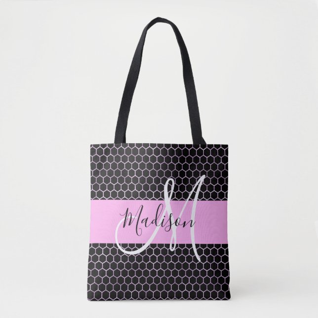 Tote Bag Glam Black Metallic Rose Honeycomb Nom du monogram (Devant)