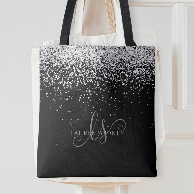Tote Bag Glam Black Silver Parties scintillant Nom du monog (Créateur téléchargé)