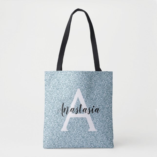 Tote Bag Glam Bleu Argent Paillettes Monogramme Nom (Devant)