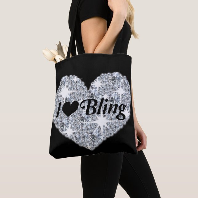 Tote Bag Glam diamant coeur J'aime bling print noir (De près)