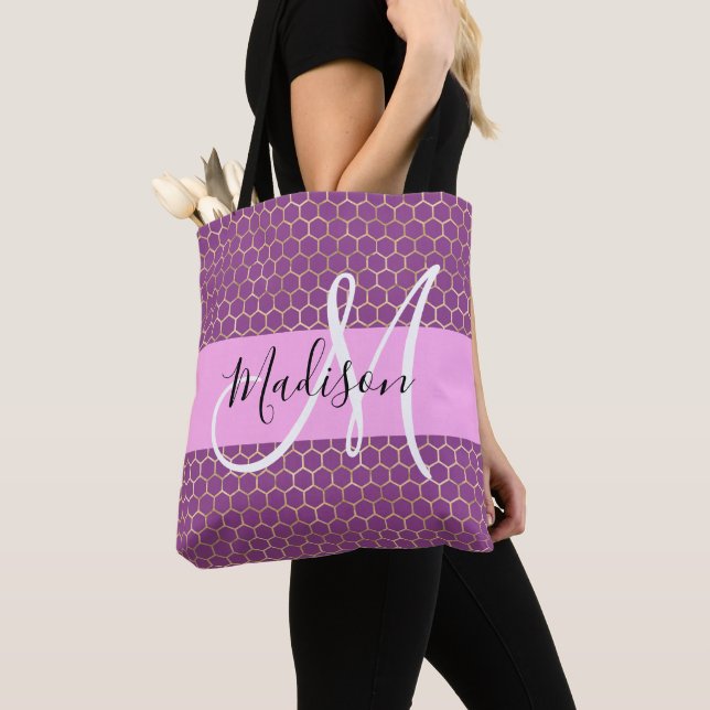 Tote Bag Glam Fuchsia Métallisé Rose Nid d'abeille Monogram (De près)
