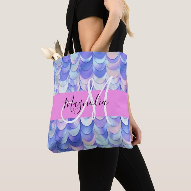 Tote Bag Glam Iridescent Écailles de Sirène Monogramme Nom (De près)