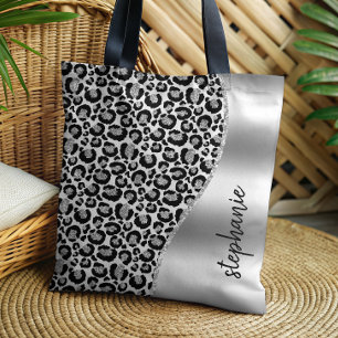 Tote Bag Glam Leopard Spots Black Silver Nom métallique