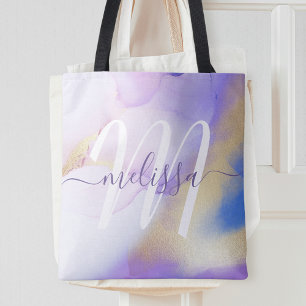 Tote Bag Glam Lilac Gold Abstrait Peinture Élégant Monogr