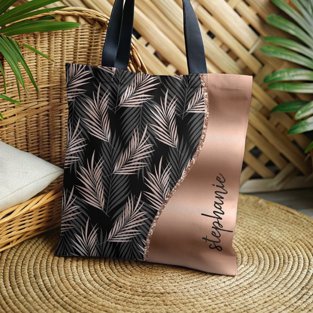 Tote Bag Glam Palm Feuille Rose or noir Nom métallique (Créateur téléchargé)