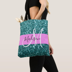 Tote Bag Glam Pink Turquoise Green Parties scintillant Nom