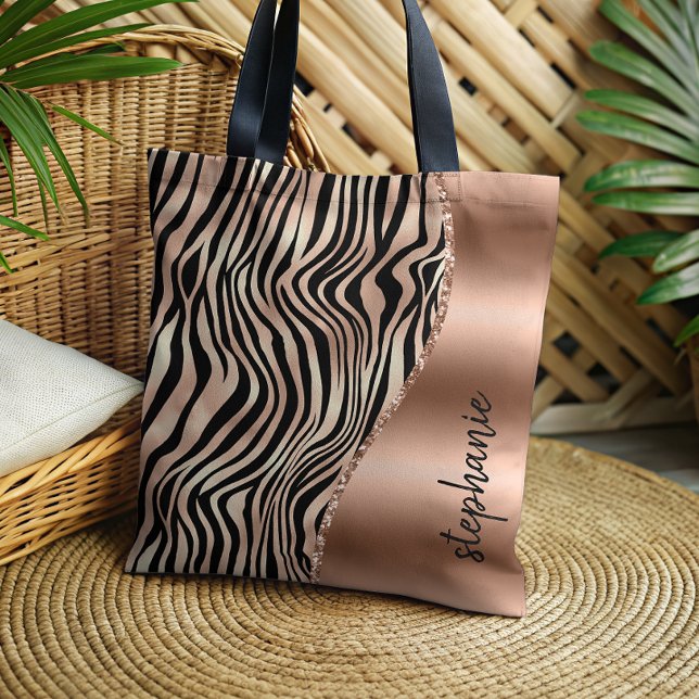 Tote Bag Glam Rose Gold Black Tiger Stripes Nom métallique (Créateur téléchargé)