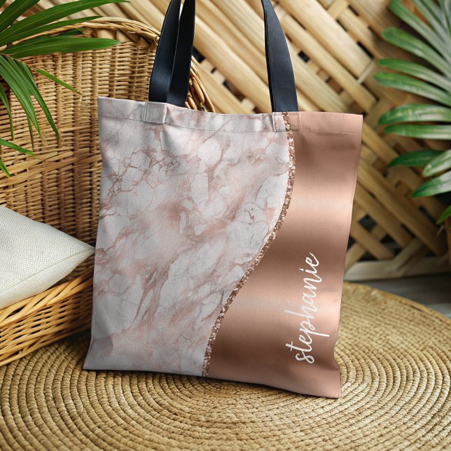 Tote Bag Glam Rose Gold Marbre blanc Nom métallique (Créateur téléchargé)