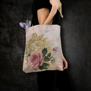 Tote Bag Glam Steampunk   Rose rose et or Rustique Floral