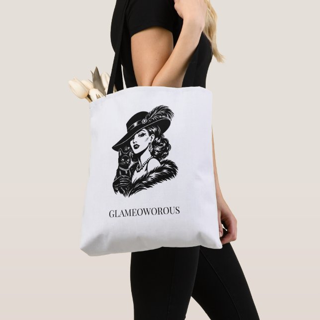 Tote Bag Glam Woman with Cat Fashion Illustration (De près)