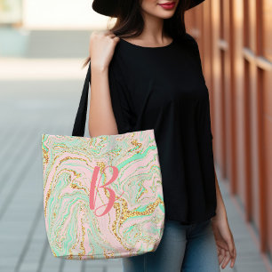 Tote Bag Glamour Moderne Plutôt Rose Mint Or Marbling