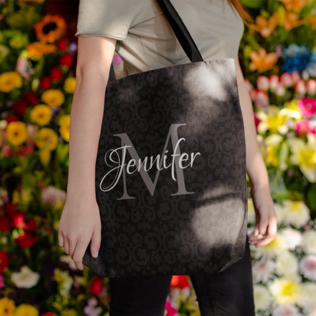 Tote Bag Glamour noir gris et blanc monogramme (Black Grey and White Monogram Tote Bag)