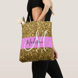 Tote Bag Glamour Rose et Or Paillettes Monogramme Nom