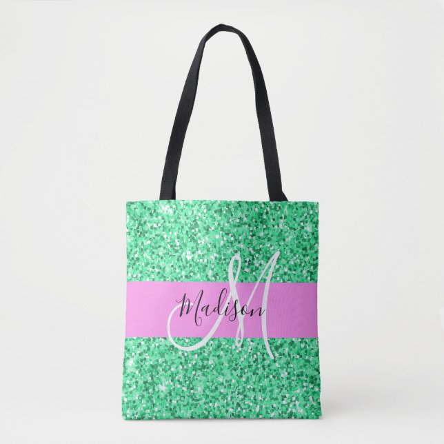 Tote Bag Glamour Rose et Vert Paillettes Monogramme Nom (Devant)