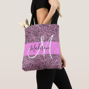 Tote Bag Glamour Rose et Violet Paillettes Monogramme Nom