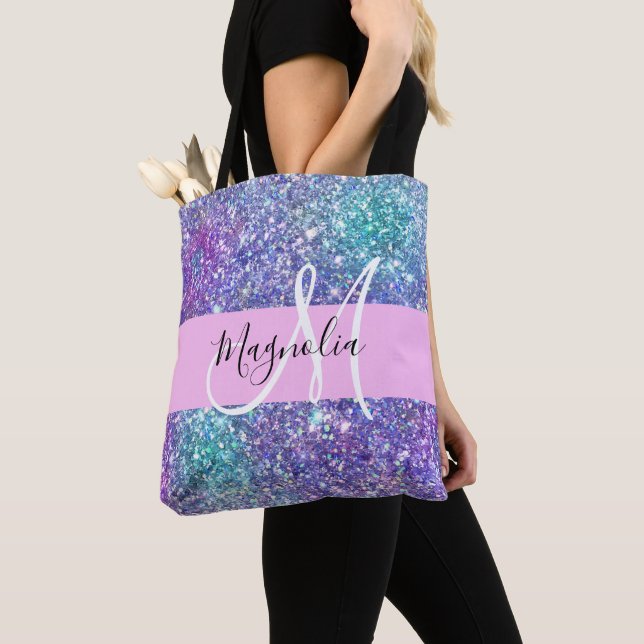Tote Bag Glamour Violet, Bleu & Vert Paillettes Monogramme (De près)
