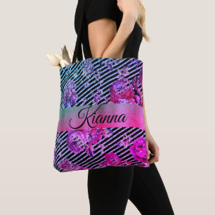 Tote Bag Glitterie rose chaud et Turquoise Floral Personnal